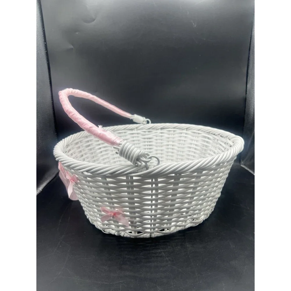 White Wicker Basket with Pink Ribbon, 14